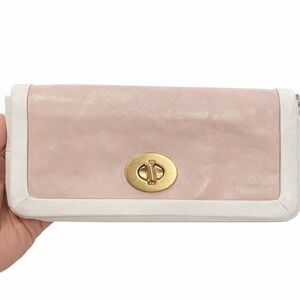 Coach Cream & Light Taupe Leather Wristlet / Clutch • Turnlock • Interior Wear